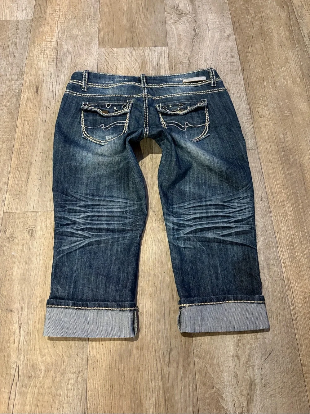 Y2K Blue Denim Cuffed Low Waist Capri Pants with Rhinestones. Size 9 Summer
